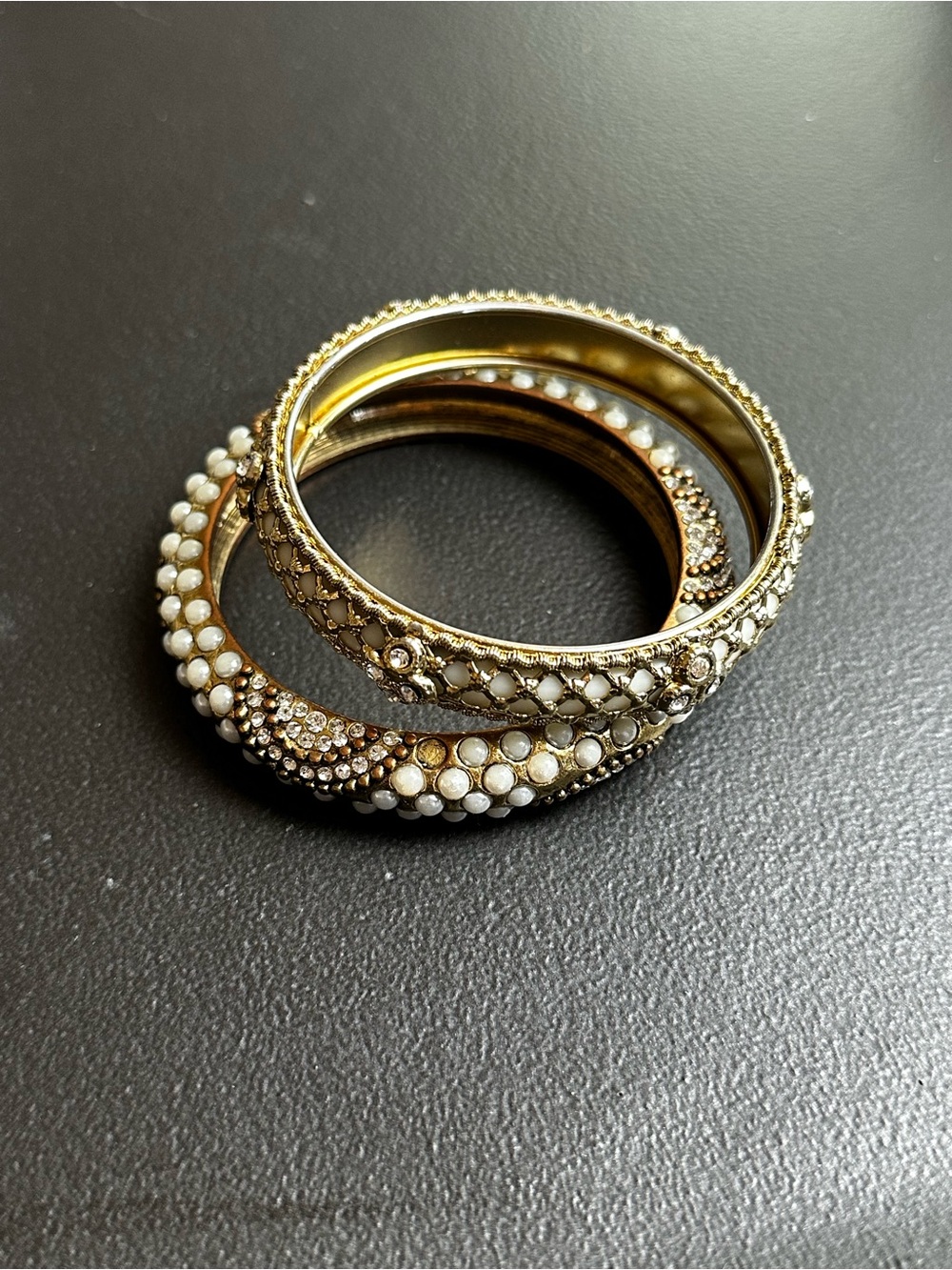 Gold and White Pearl Accent Bangle Set - Elegant Women's Jewelry